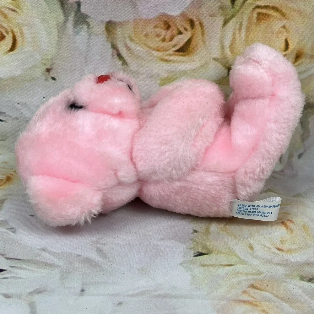 PINK Teddy BEAR 1987 Dan Dee Imports Red Heart Nose Plush Stuffed Animal Sitting